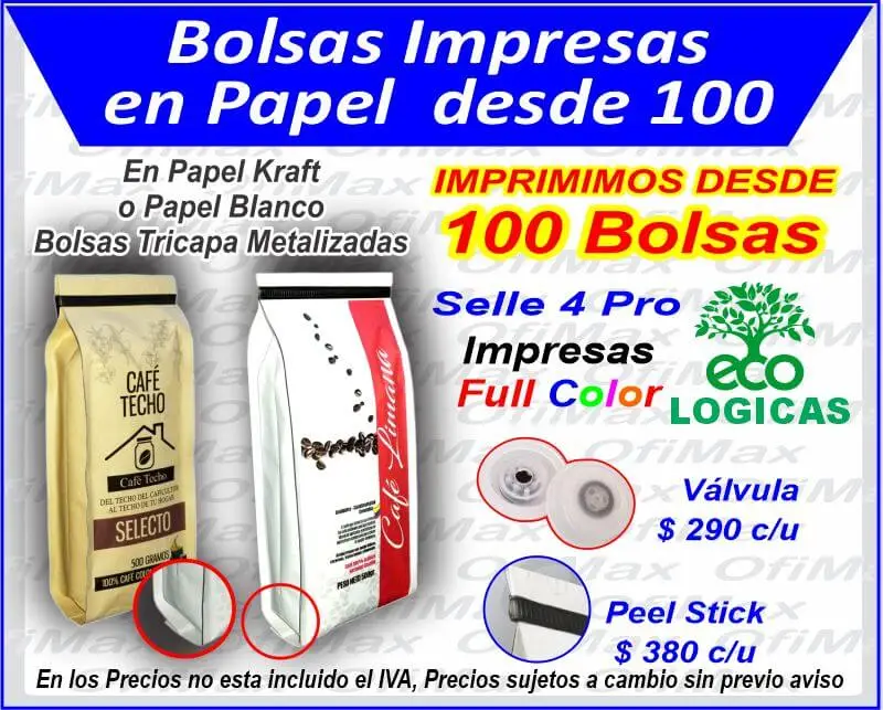 Bolsas para cafe impresas en kraft, en grano o molido, distribuimos a todo el Tolima, incluyendo   Planadas, Ataco, Ibague, Chaparral
     