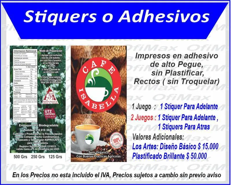 adhesivos Bolsas para cafe, en grano o molido, distribuimos a todo el Tolima, incluyendo   Planadas, Ataco, Ibague, Chaparral
     